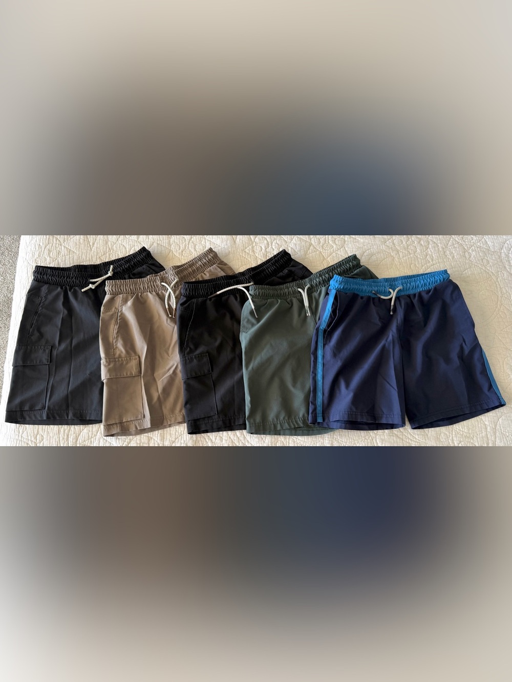 5 PAIRS ALL IN MOTION Boys Athletic Drawstring Shorts - Black, Tan, Blue + Sz M